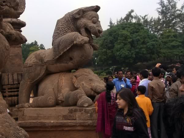 Konark sun temple, entrance lion crushes elephant and man